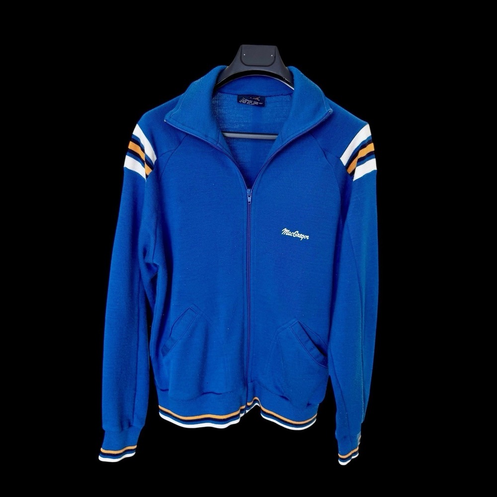 Vintage 70's MacGregor Track Jacket Men's Large Blue Zip Up Stripe Varsity‎